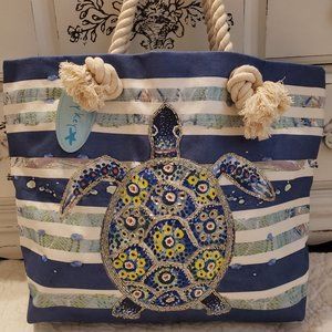 Beaded Sea Turtle Tote Bag Blue Multi NWT. New discounted shipping price!!
